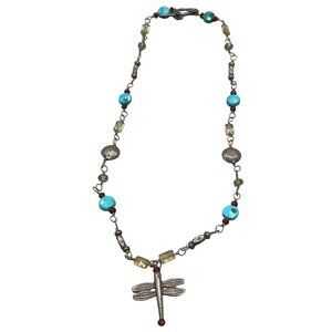 Costume jewelry necklace dragonfly turquoise color chain beaded floral 19" READ